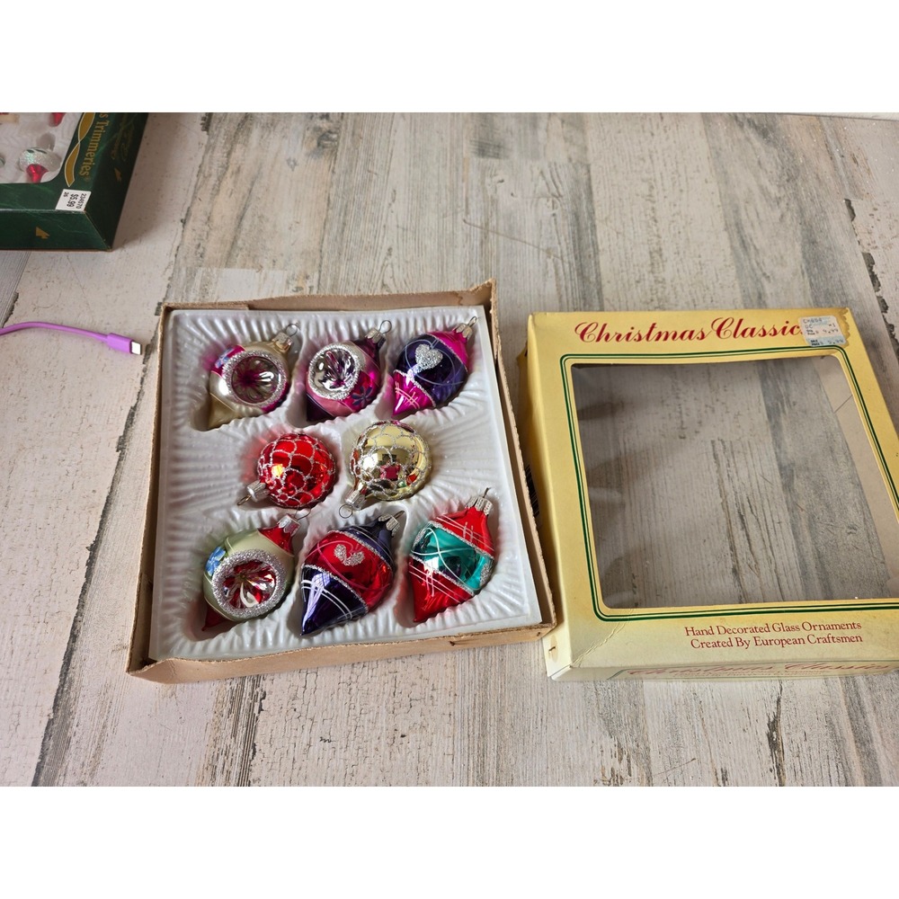 Vintage commodore indent teardrop glass glitter ornament set box heart Xmas